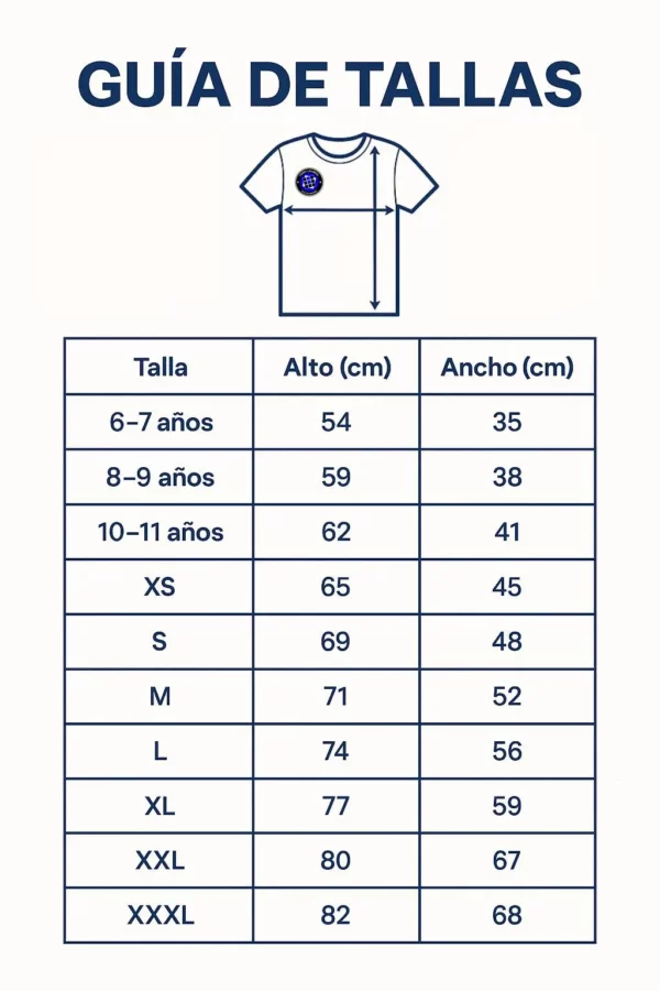 Tabla de tallas de las camisetas oficiales Ukubom con medidas en centímetros de alto y ancho desde la talla 6-7 años hasta XXXL